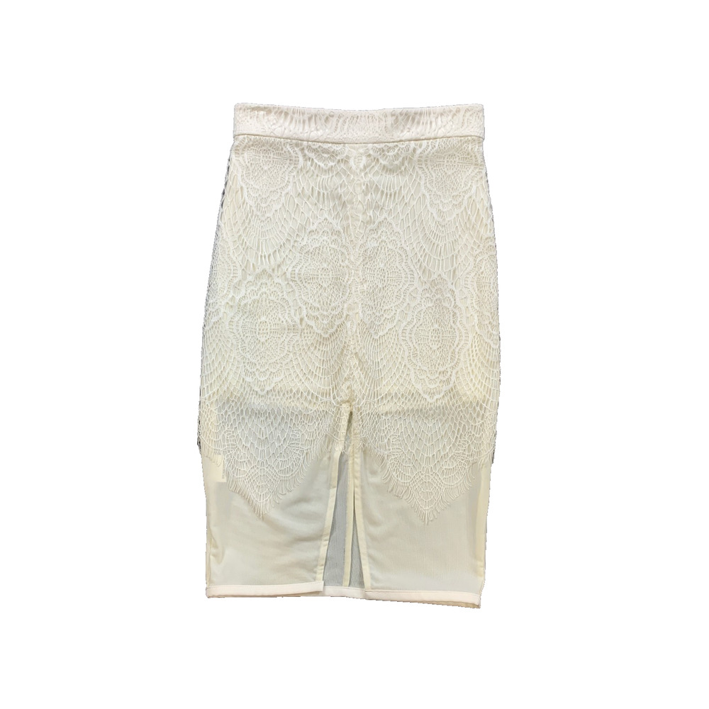 House of CB London Skirt Women XS Extra Small Ivory Lace Front Split Line Pencil